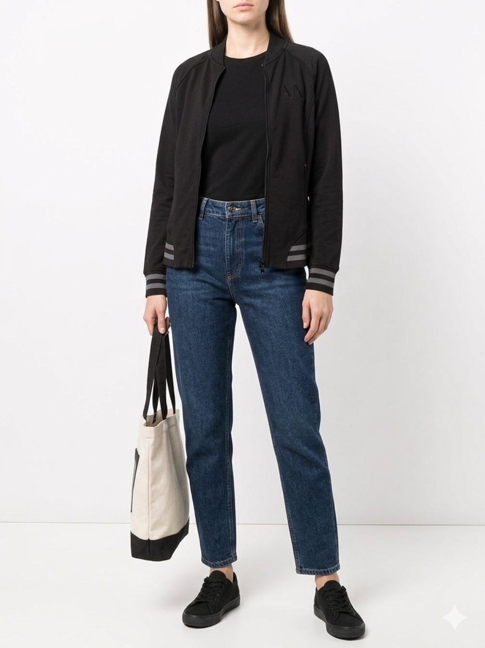 Armani Exchange Black sweatshirt with Gray Stripe Hem Detail